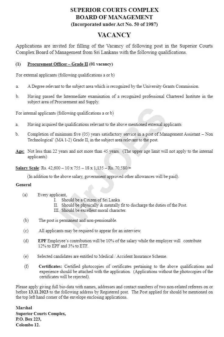 Procurement Officer  Superior Courts Complex Board of Management 2023