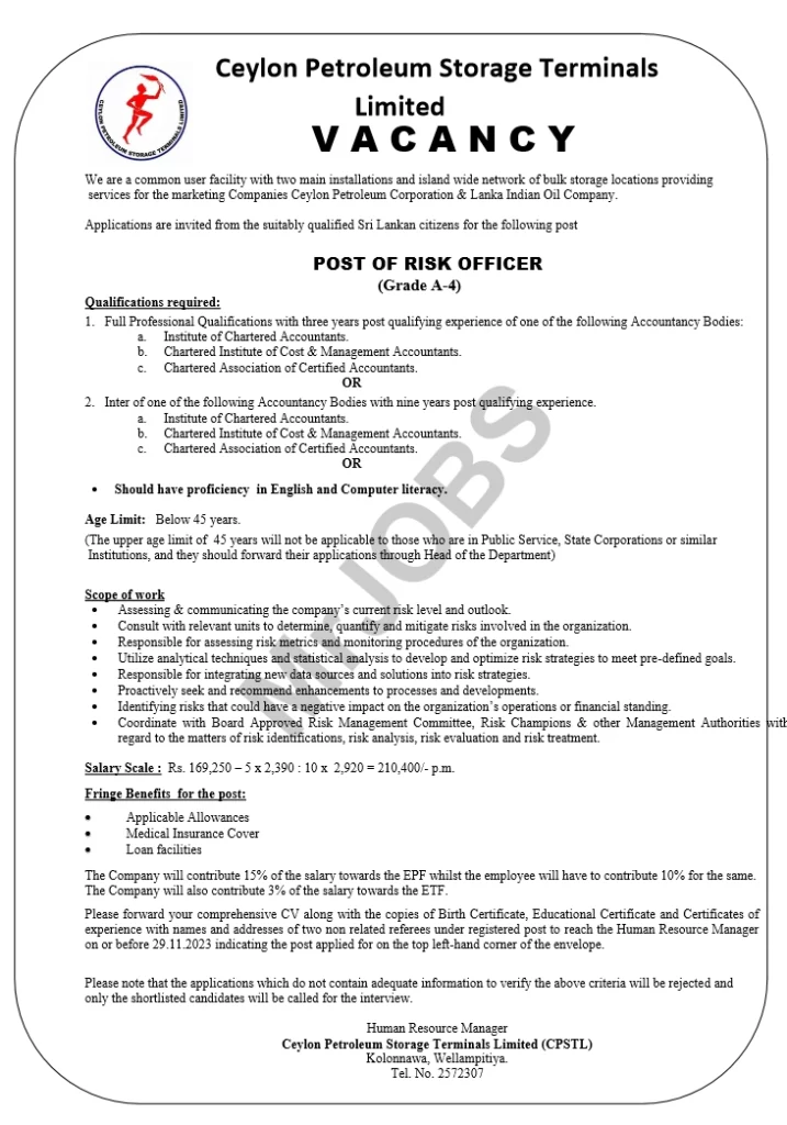 Risk Officer – Ceylon Petroleum Storage Terminals Limited 2023