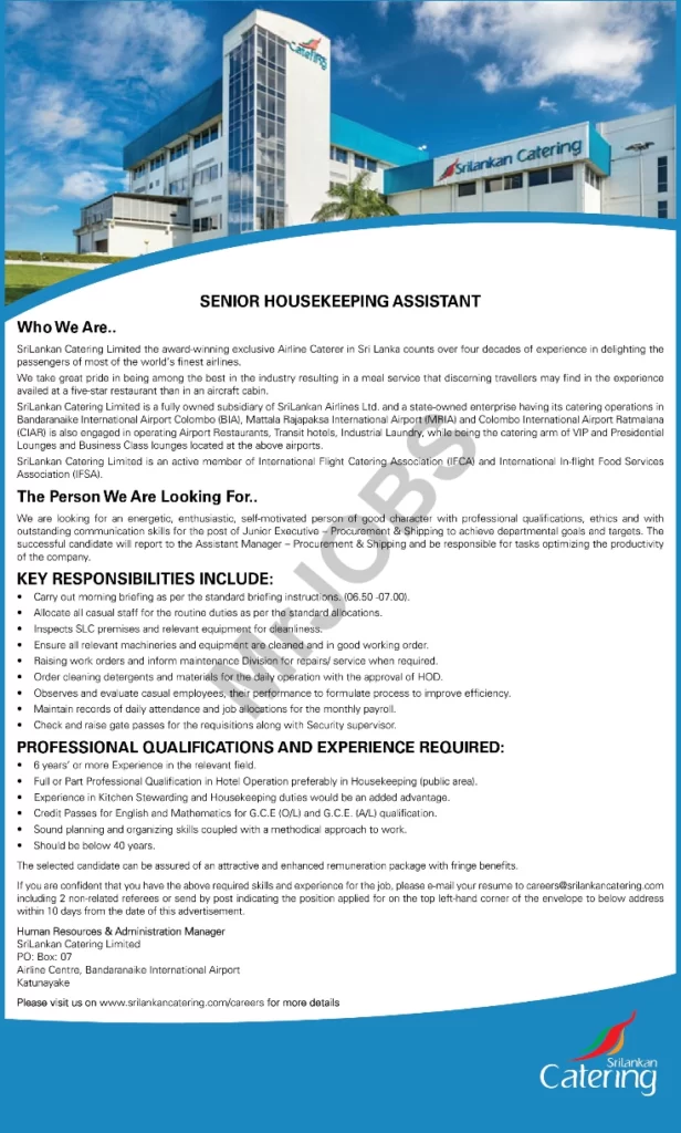 Sri Lankan Catering Job Vacancies 2023 Senior Housekeeping Assistant
